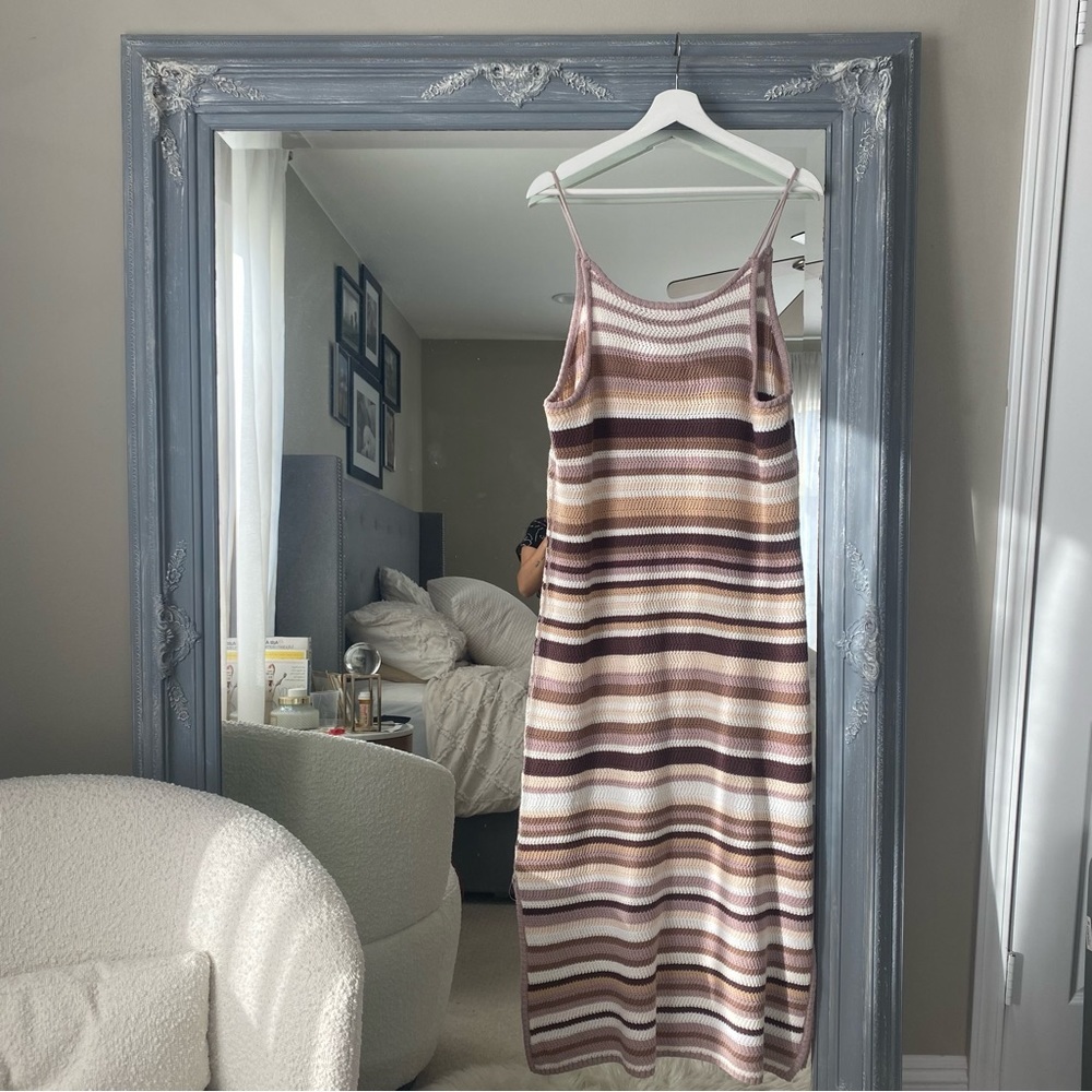 NWT House of Harlow 1960 Boho Neutral Brown Crochet Knit Striped Midi Dress XL - Picture 4 of 9